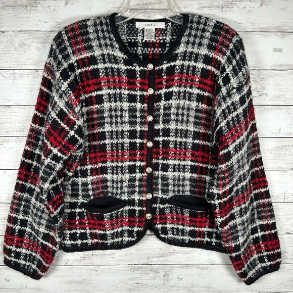 LISE J. Sweater Plaid Preppy Academia Knit Cardigan Padded Shoulders L - Picture 2 of 8